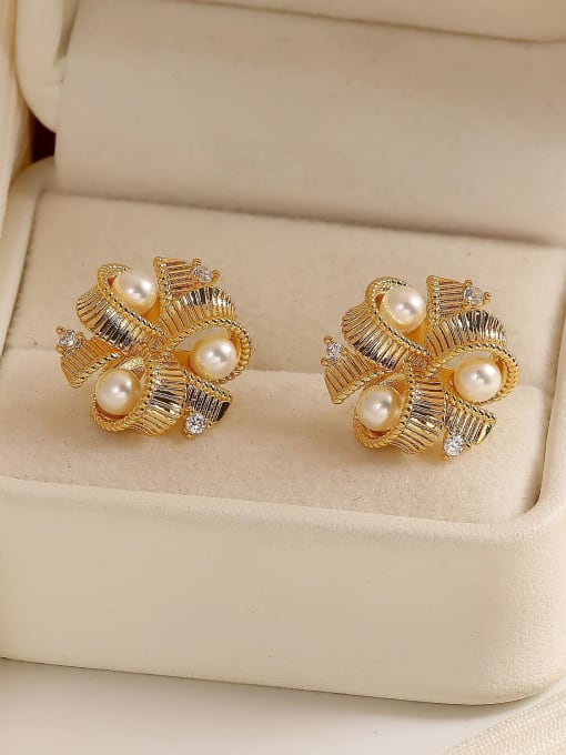 16k gold [925 silver needle] Brass Imitation Pearl Geometric Dainty Stud Earring